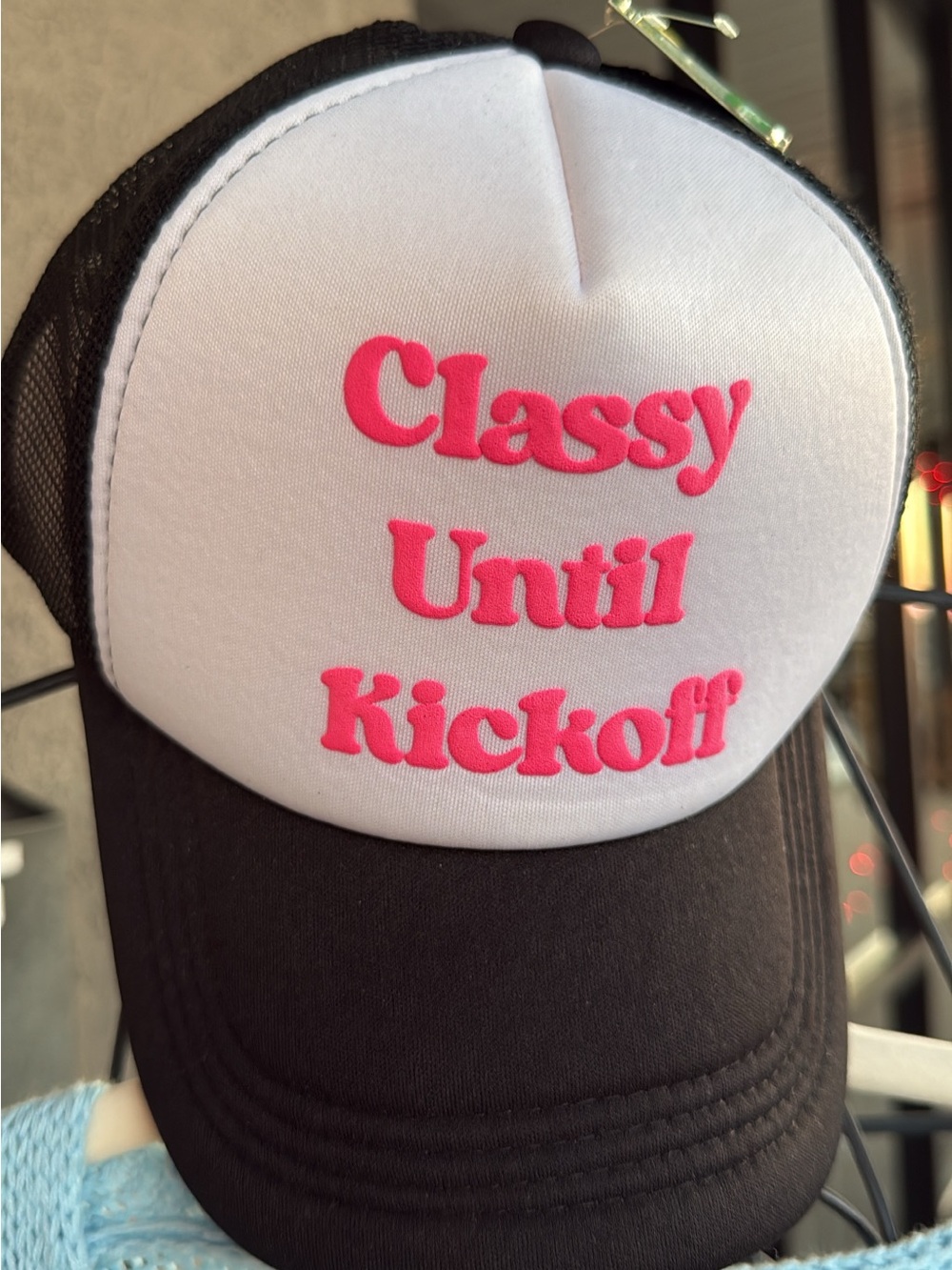 Classy Until Kickoff Pink & White Kids Trucker Hat